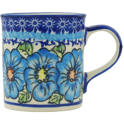 Polish Pottery Mug 8 oz Bold Blue Poppies UNIKAT