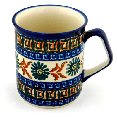 Polish Pottery Mug 8 oz Brown Floral Mosaic UNIKAT