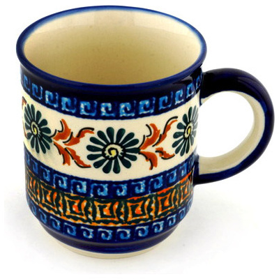 Polish Pottery Mug 8 oz Brown Floral Mosaic UNIKAT