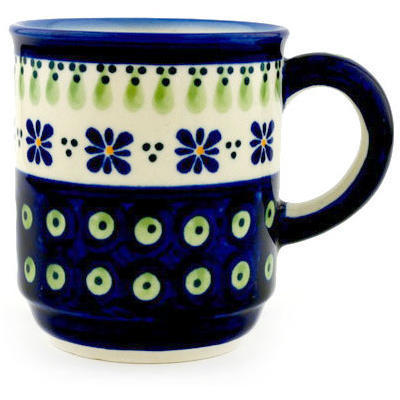 Polish Pottery Mug 8 oz Green Gingham Peacock