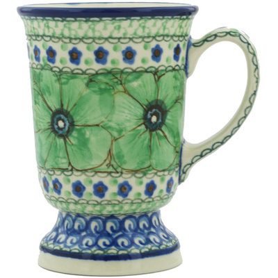 Polish Pottery Mug 8 oz Green Pansies UNIKAT