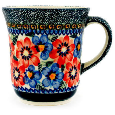 Polish Pottery Mug 9 oz Blue And Red Poppies UNIKAT