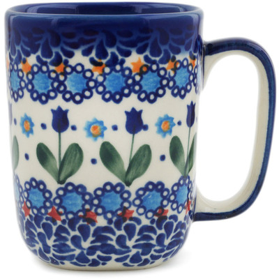 Polish Pottery Mug 9 oz Blue Tulip Garden UNIKAT