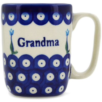 Polish Pottery Mug 9 oz Blue Tulip Grandma