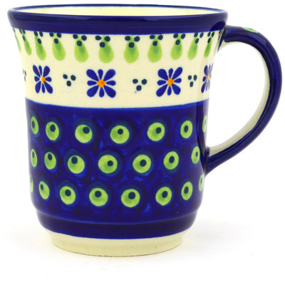 Polish Pottery Mug 9 oz Green Gingham Peacock