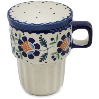 Polish Pottery Mug with Lid 14 oz Orange And Blue Flower