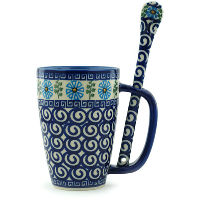 Polish Pottery Mug with Spoon 19 oz Aztec Blue