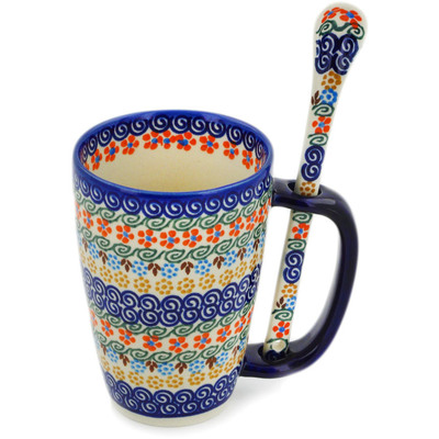 Polish Pottery Mug with Spoon 19 oz Good Days UNIKAT