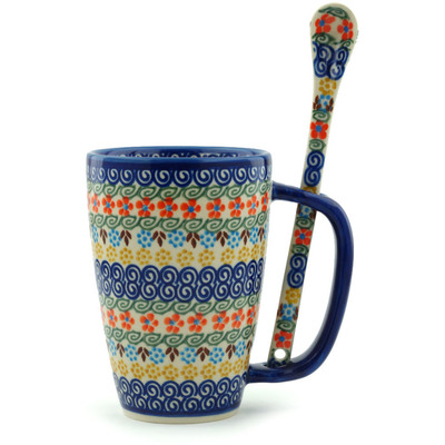 Polish Pottery Mug with Spoon 19 oz