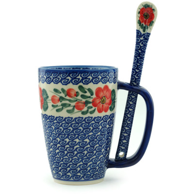 Polish Pottery Mug with Spoon 19 oz Red Blossom