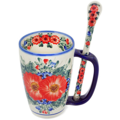 Polish Pottery Mug with Spoon 19 oz Red Tulip