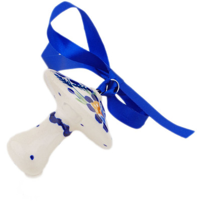 Polish Pottery Mushroom Ornament 3&quot; Orange And Blue Flower