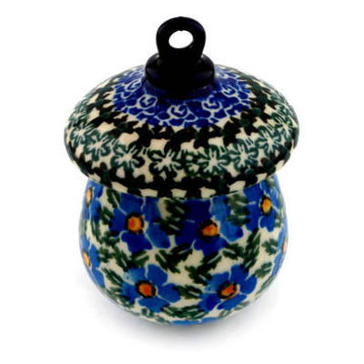 Polish Pottery Mushroom Ornament 4&quot; Blue Daisy Dream UNIKAT