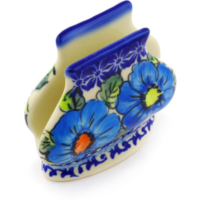 Polish Pottery Napkin Holder 3-inch Bold Blue Poppies UNIKAT