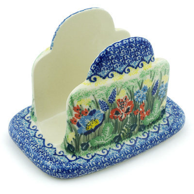 Polish Pottery Napkin Holder 7&quot; Blue Monarch Garden UNIKAT