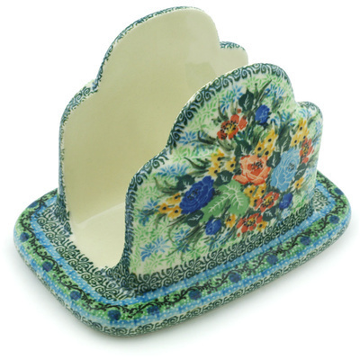 Polish Pottery Napkin Holder 7&quot; Roses In Blue UNIKAT