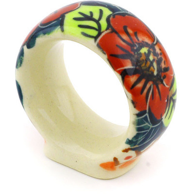 Polish Pottery Napkin Ring 2&quot; Autumn Poppies UNIKAT
