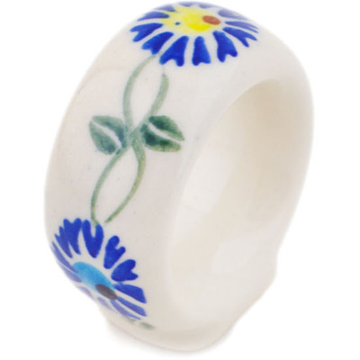 Polish Pottery Napkin Ring 2&quot; Blue Thistle Beauty