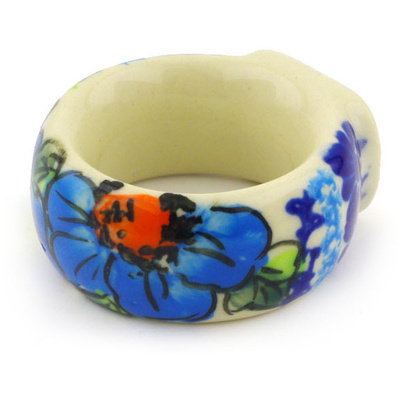 Polish Pottery Napkin Ring 2&quot; Bold Blue Poppies UNIKAT