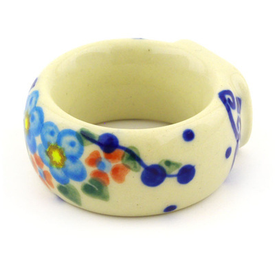 Polish Pottery Napkin Ring 2&quot; Hearts And Flowers