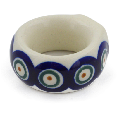 Polish Pottery Napkin Ring 2&quot; Peacock Leaves