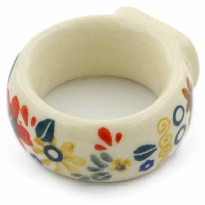 Polish Pottery Napkin Ring 2&quot; Red Anemone Meadow UNIKAT