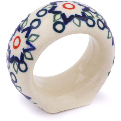 Polish Pottery Napkin Ring 2&quot; Tatted Flower UNIKAT