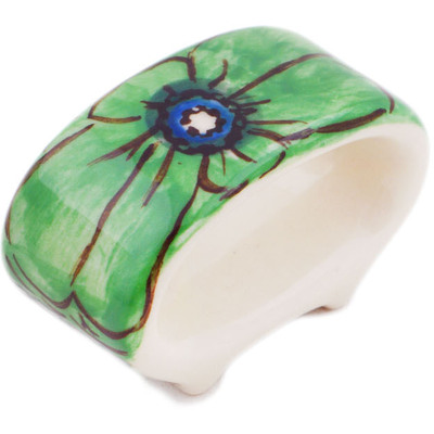 Polish Pottery Napkin Ring 3&quot; Green Pansies UNIKAT