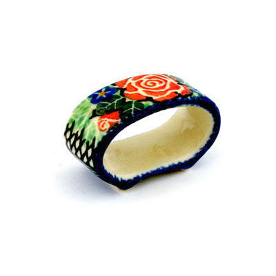 Polish Pottery Napkin Ring 3&quot; Red And Yellow Daisy UNIKAT