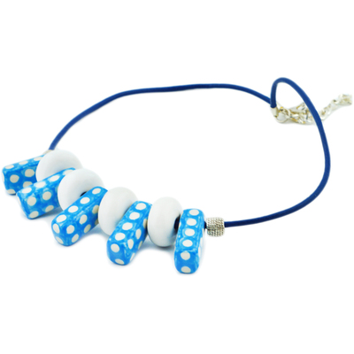 Polish Pottery Necklace 22&quot; Blue Ocean Peacock Eyes UNIKAT