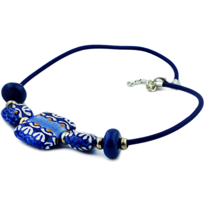 Polish Pottery Necklace 23&quot; Aztec Cobalt