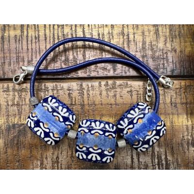 Polish Pottery Necklace 23&quot; Aztec Cobalt