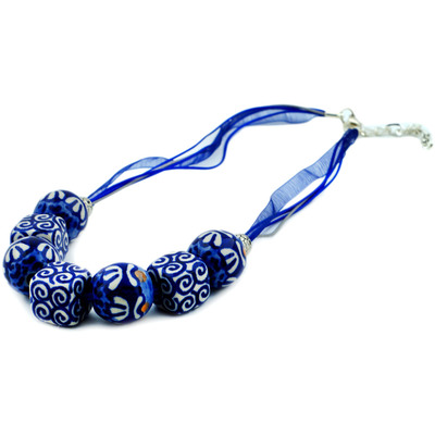 Polish Pottery Necklace 24&quot; Aztec Cobalt