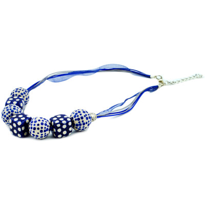 Polish Pottery Necklace 24&quot; Cobalt Dots