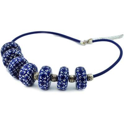 Polish Pottery Necklace 24&quot; Cobalt Flowers
