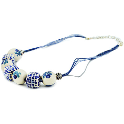 Polish Pottery Necklace 24&quot; Modern Blue