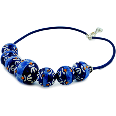 Polish Pottery Necklace 25&quot; Aztec Cobalt