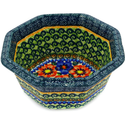 Polish Pottery Octagonal Bowl 7&quot; Blue And Red Poppies UNIKAT