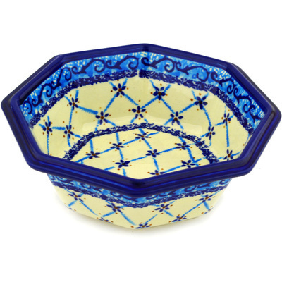 Polish Pottery Octagonal Bowl 7&quot; Blue Daisy Lattice