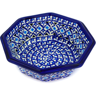 Polish Pottery Octagonal Bowl 7&quot; Blue Diamond Dream