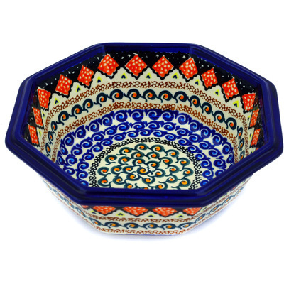 Polish Pottery Octagonal Bowl 7&quot; Coral Diamonds UNIKAT