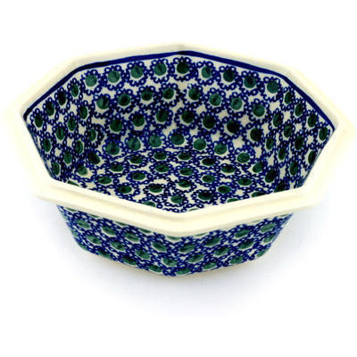 Polish Pottery Octagonal Bowl 7&quot; Emerald Peacock Eyes