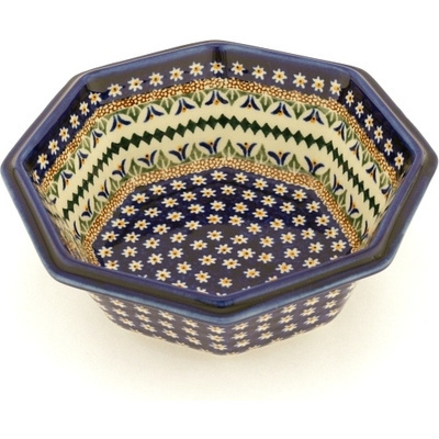 Polish Pottery Octagonal Bowl 7&quot; Floral Peacock UNIKAT
