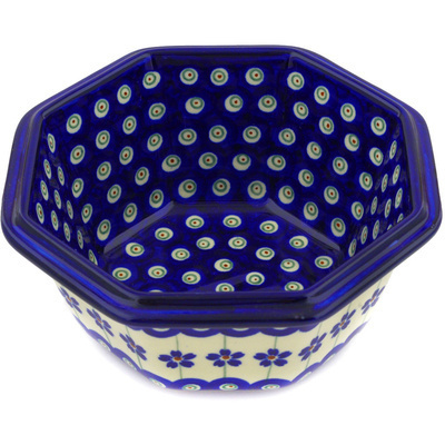 Polish Pottery Octagonal Bowl 7&quot; Flowering Peacock