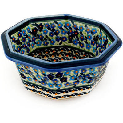 Polish Pottery Octagonal Bowl 7&quot; Forget Me Not Basket UNIKAT