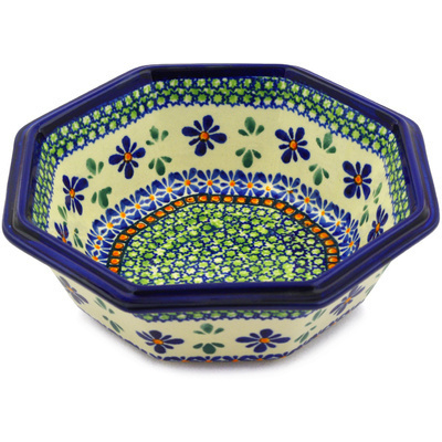 Polish Pottery Octagonal Bowl 7&quot; Gingham Flowers