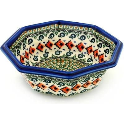 Polish Pottery Octagonal Bowl 7&quot; Green Mosaic UNIKAT