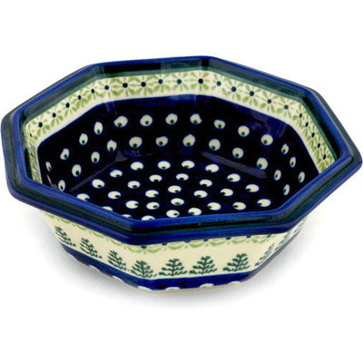 Polish Pottery Octagonal Bowl 7&quot; Peacock In The Pines