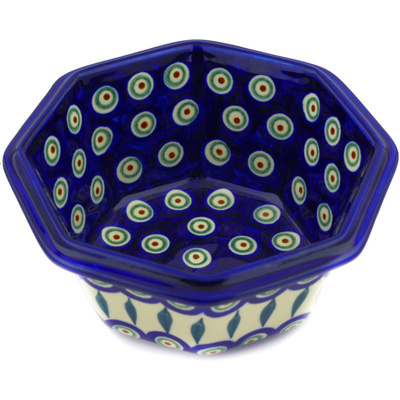 Polish Pottery Octagonal Bowl 7&quot; Peacock Leaves