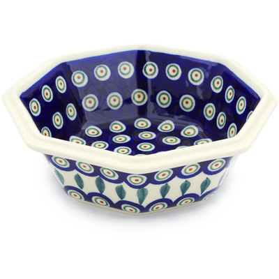 Polish Pottery Octagonal Bowl 7&quot; Peacock Leaves